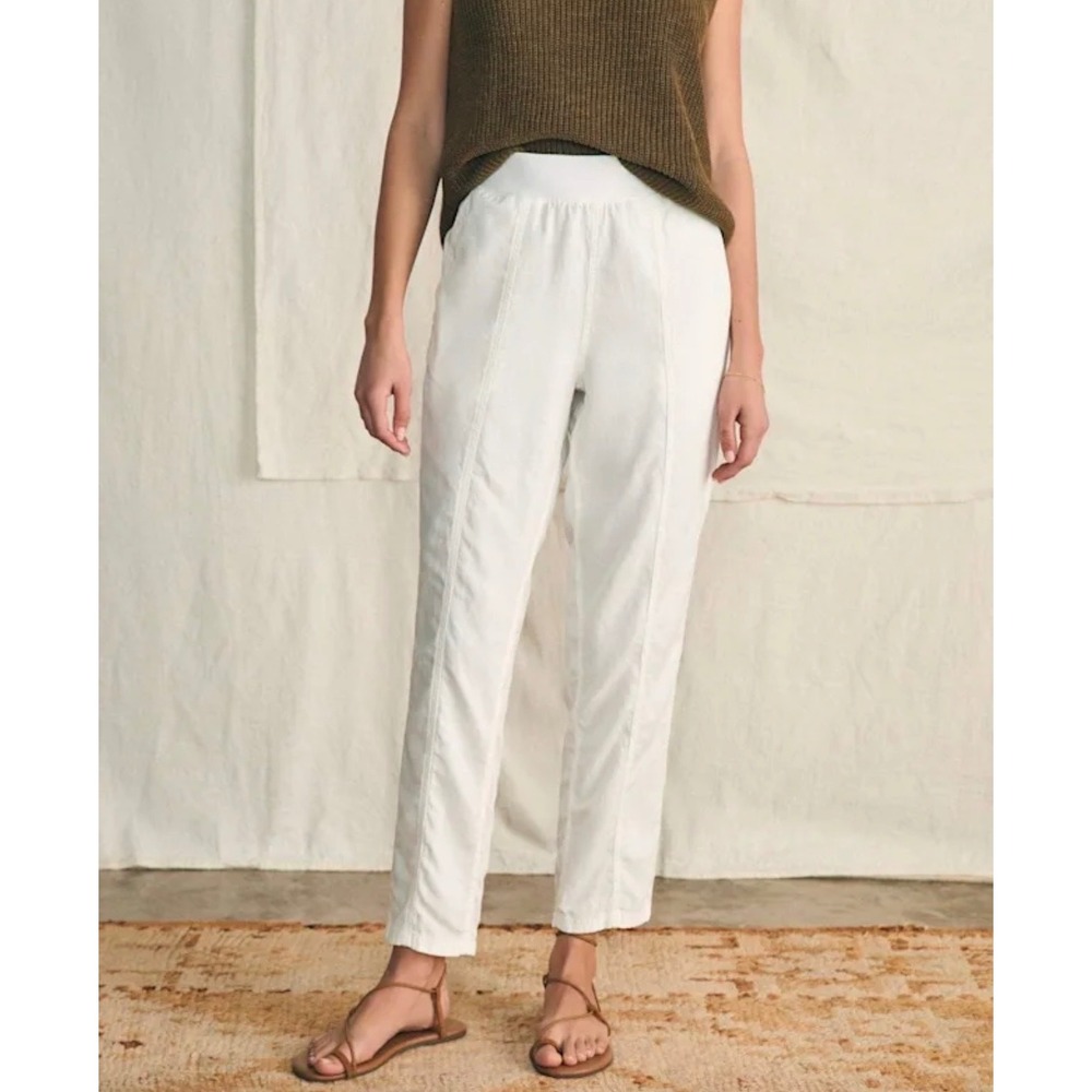 Faherty Arlie Day Pant White Linen Blend Elastic Waist Tapered Pull On - Medium